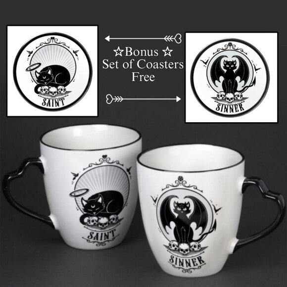 Alchemy Gothic ✦ Saint & Sinner Mug Set ✦ Bone China w/ Coasters Gothic Ritual - Picture 1 of 9